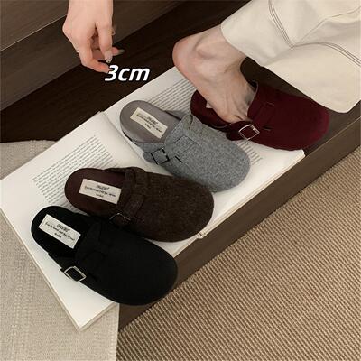 厚底灰色勃肯鞋女2025秋冬新款皮带扣圆头复古博肯懒人包头半拖鞋