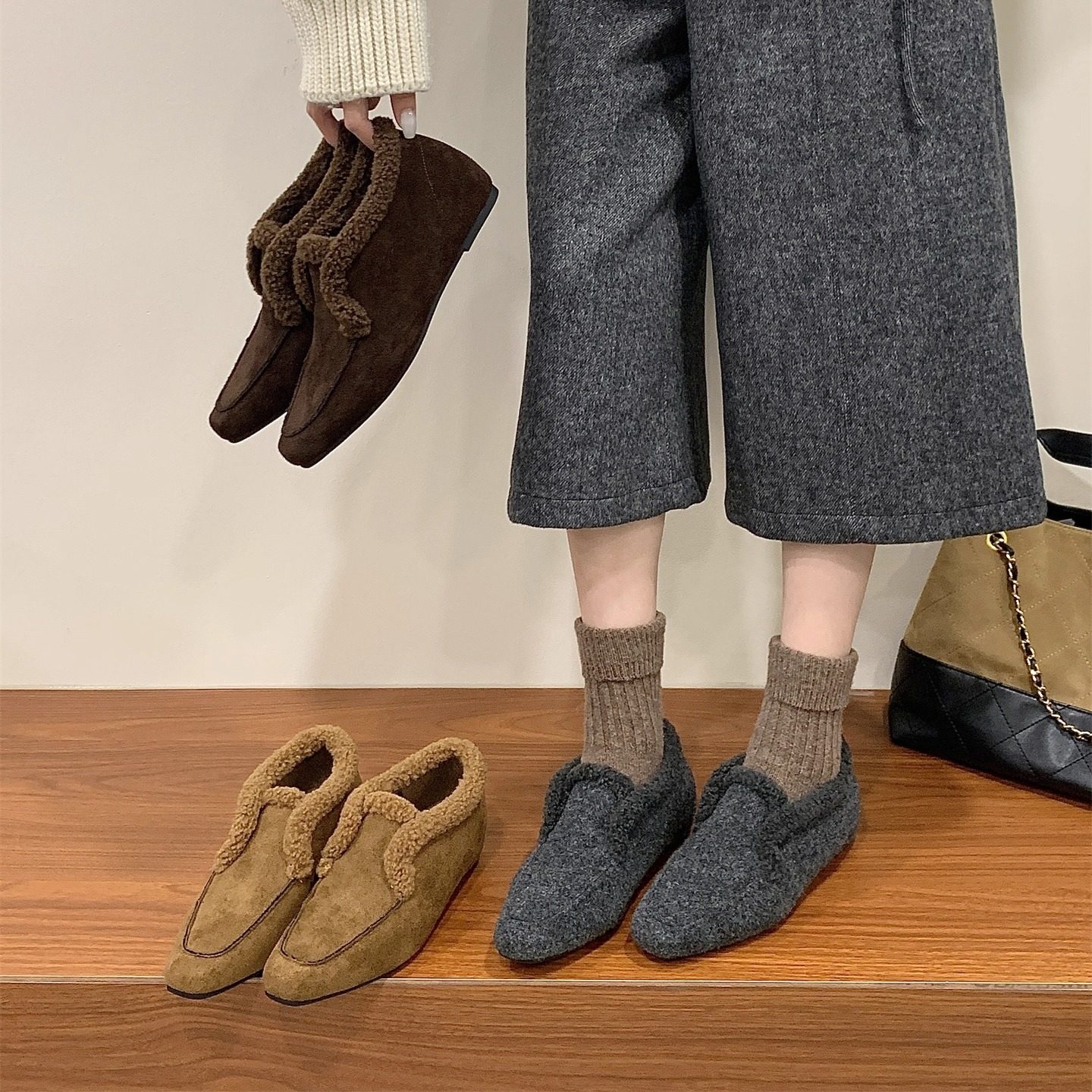 2025秋冬新款加绒毛毛鞋圆头平底厚底深口保暖棉鞋百搭单鞋女鞋,女鞋,棉鞋,淘宝优惠券,粉丝福利购,淘宝优惠卷