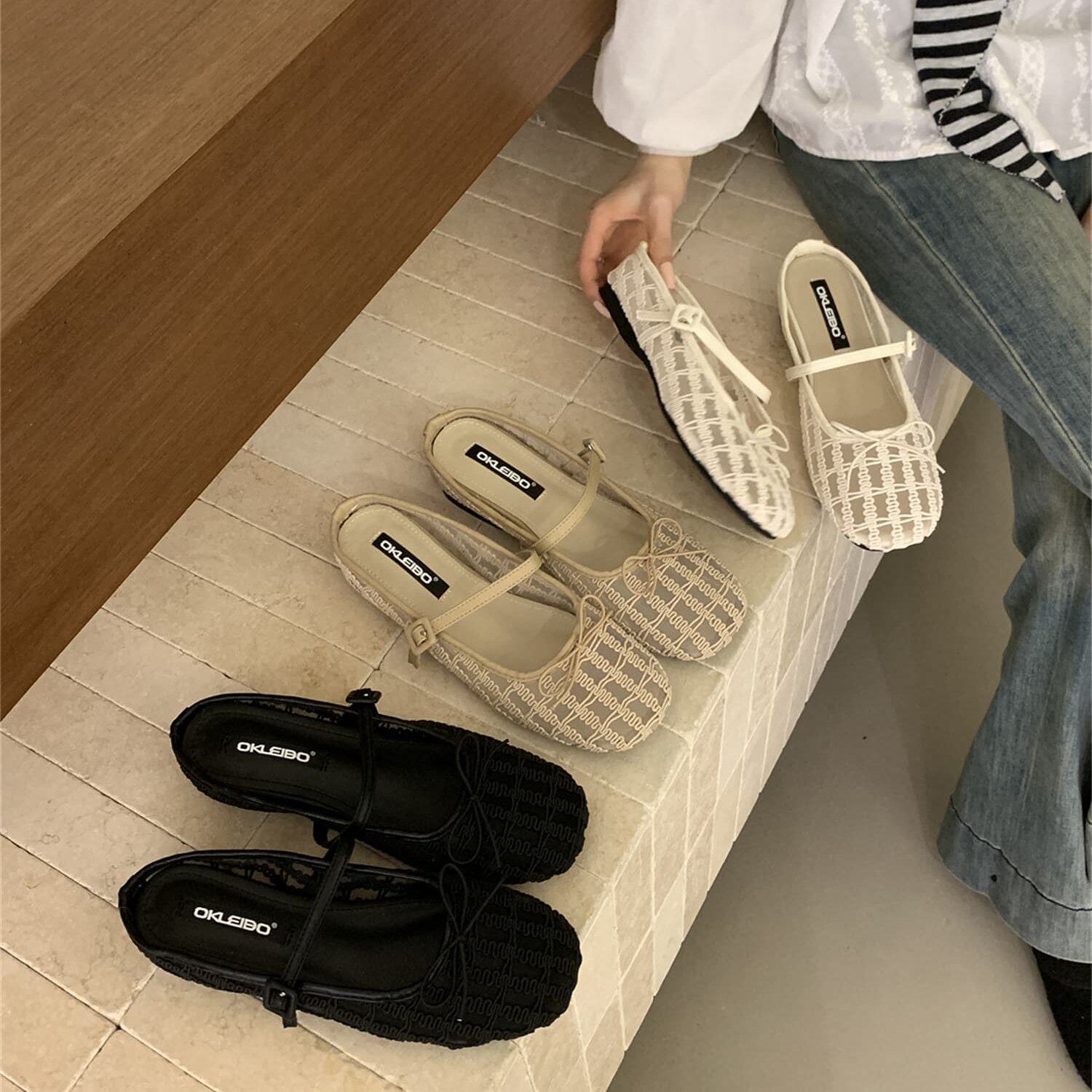 法式网面玛丽珍鞋女平底一字带浅口单鞋通勤百搭软底鞋包头半拖鞋