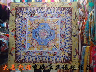 敦煌壁画丝巾 110CM重磅真丝方巾三兔莲花藻井真丝披肩包邮