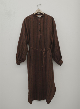 40%OFF AVIVA JIFEI XUE 亚麻丝绸条纹立领衬衫连衣裙