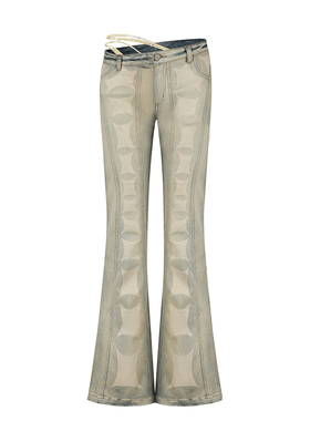 RUI built 26春夏 牛仔印花细带不对称拼接喇叭裤