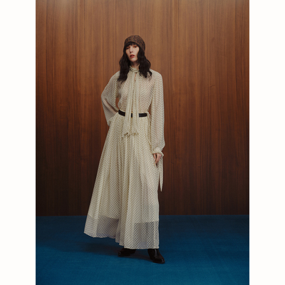 INTO THE EAST 白色迷你腰果/深棕佩斯利花纹抽绳碎褶真丝半裙