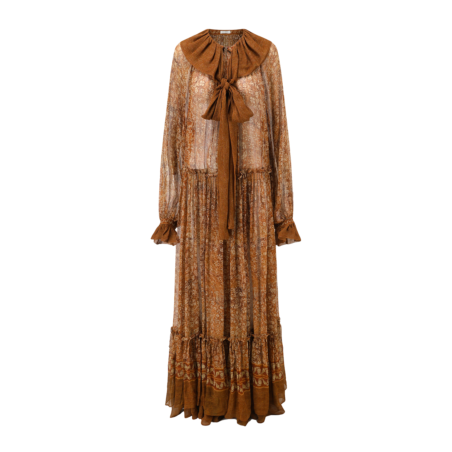 INTO THE EAST25秋冬棕调繁花荷叶领飘带真丝连衣裙/钉珠系绳马甲