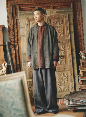 AVIVA JIFEI XUE 鼠尾草人字纹羊毛针织V领开襟衫