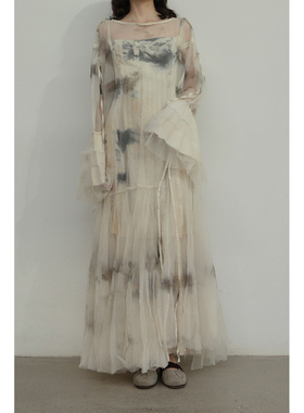 40%OFF Mutedance 一字领不规则抽褶透纱连衣裙手染