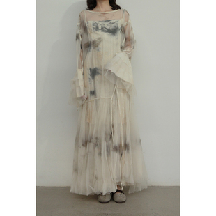 40%OFF 一字领不规则抽褶透纱连衣裙手染 Mutedance