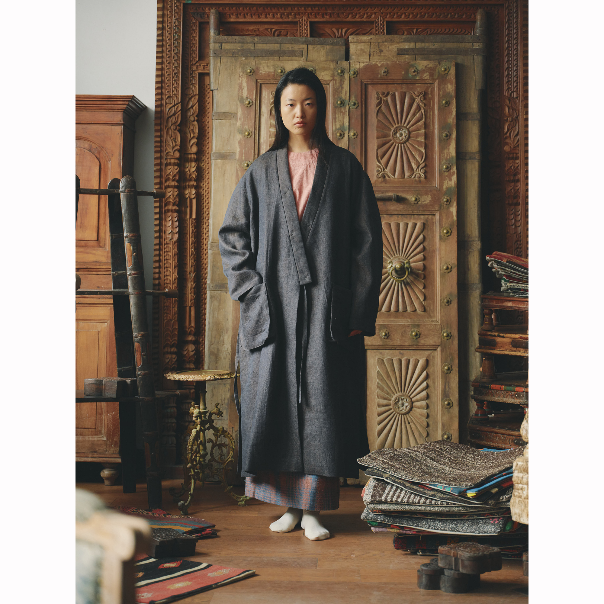 AVIVA JIFEI XUE 羊毛亚麻牛仔长款和服夹克