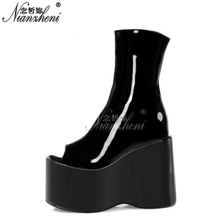 松糕底13cm超高跟鞋 亮面鱼嘴性感短靴甜辣风摩登cos舞台演出欧美