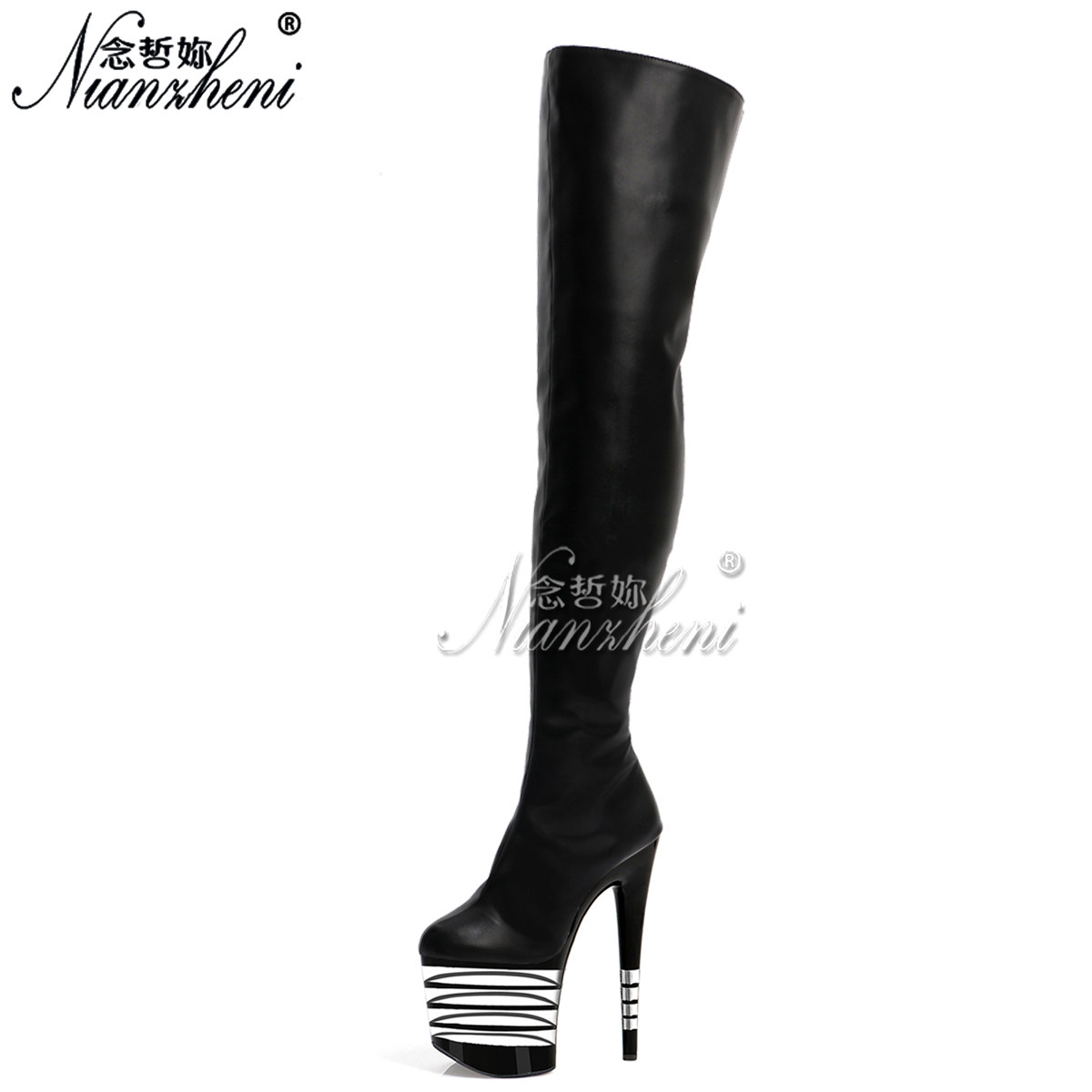 20CM超高跟鞋恨天高钢管舞防滑耐磨水晶条纹细跟过膝长靴模特走秀,女鞋,时装靴,淘宝优惠券,粉丝福利购,淘宝优惠卷