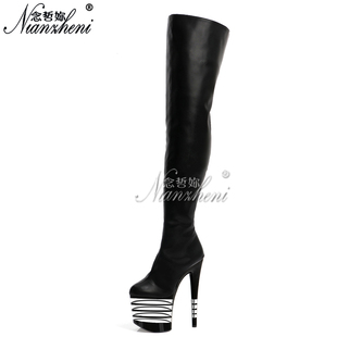 20CM超高跟鞋恨天高钢管舞防滑耐磨水晶条纹细跟过膝长靴模特走秀