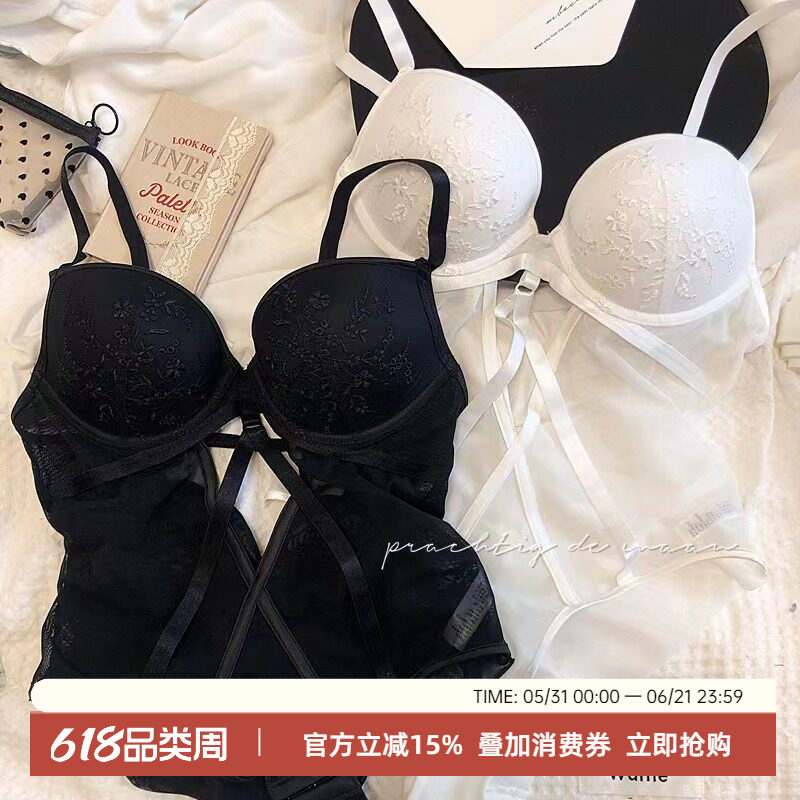 法式性感刺绣网纱有钢圈聚拢塑身连体内衣套装镂空绑带文胸开档