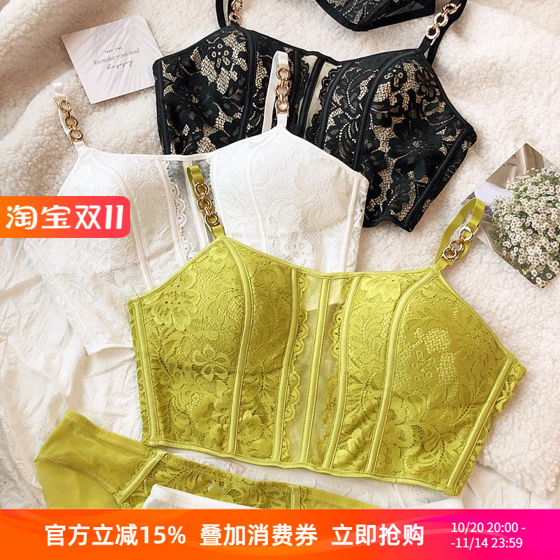 法式蕾丝镂空性感辣妹外穿马甲式内衣套装无钢圈薄款文胸塑身收腰