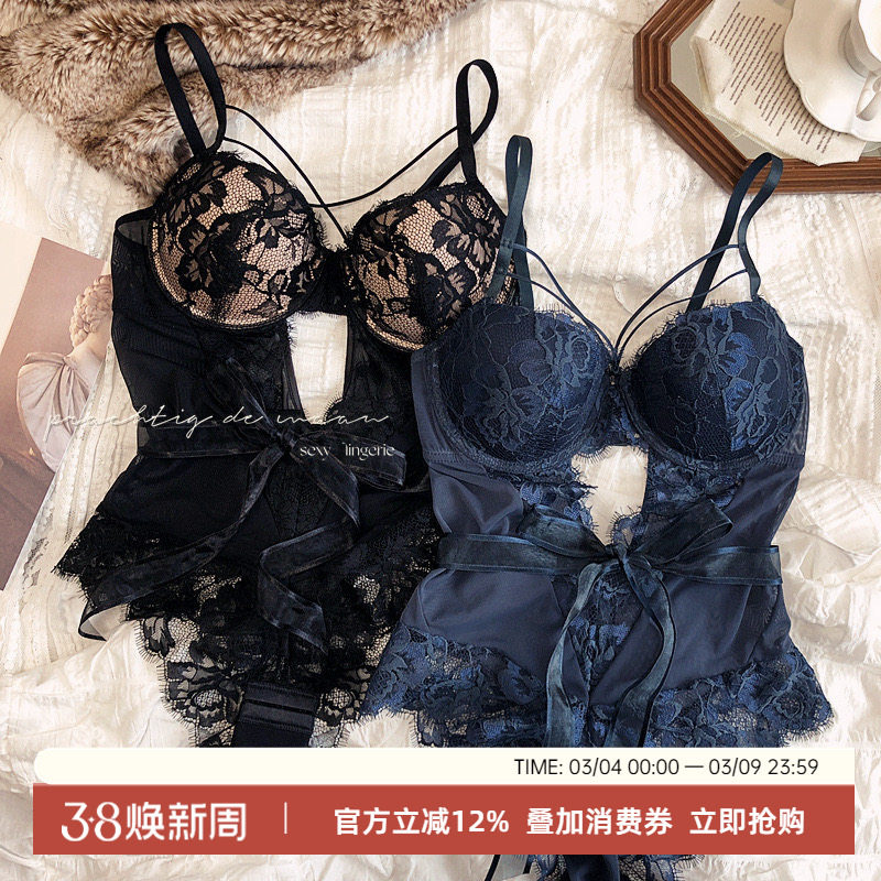 法式性感蕾丝连体内衣聚拢收副乳调整型防下垂文胸套装显瘦塑身 - 月玲珑小筑出品