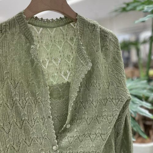 手工品定制面料亚麻美丽奴精细羊毛进口机器镂空针织吊带短袖开衫