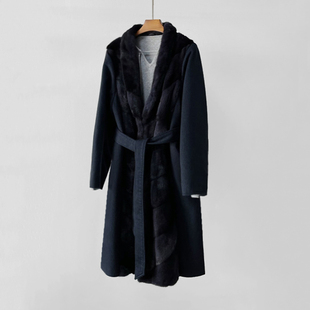 香港定制soja级美国传奇宝蓝貂拼加厚纯羊绒毛呢全内衬外套皮草