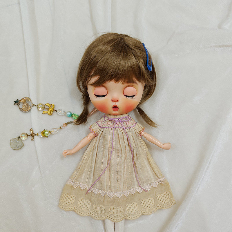 blythe小布茶染娃衣缩褶绣连衣裙飞袖azone licca ob24 pullip