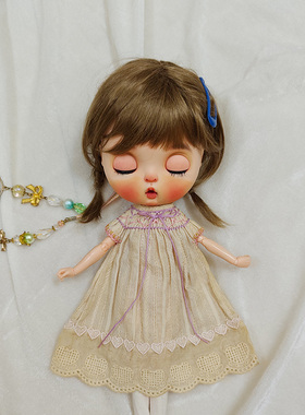 blythe小布茶染娃衣缩褶绣连衣裙飞袖azone licca ob24 pullip