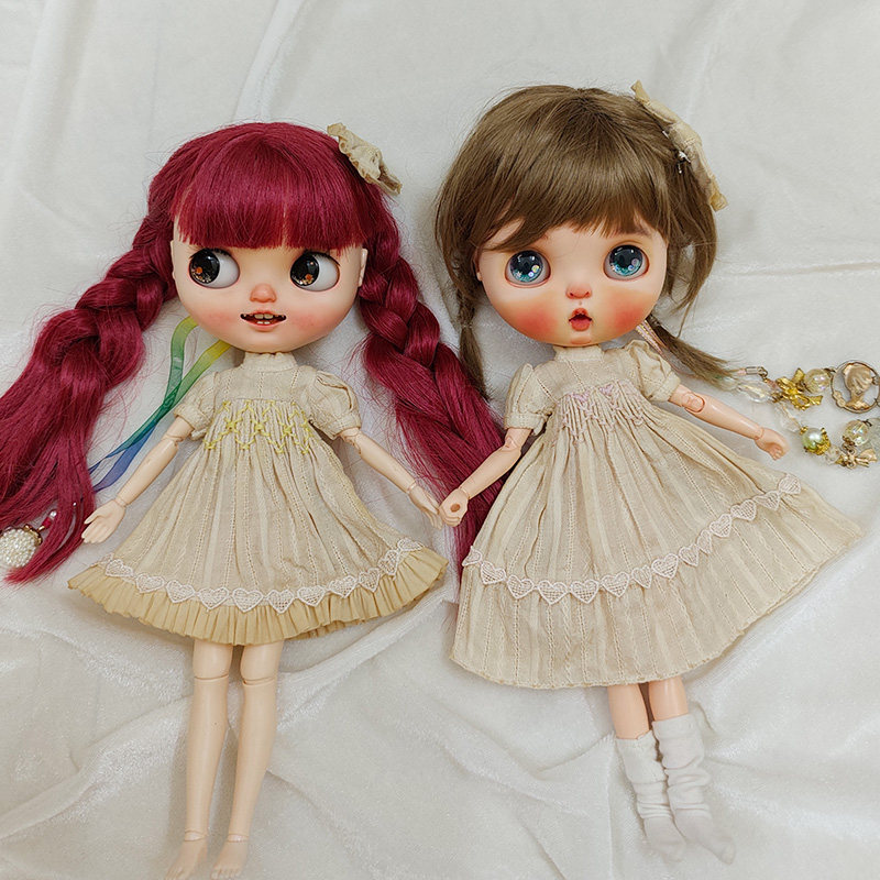 blythe小布茶染娃衣缩褶绣连衣裙短袖azone licca ob24 pullip