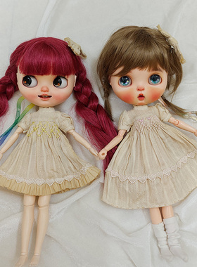 blythe小布茶染娃衣缩褶绣连衣裙短袖azone licca ob24 pullip