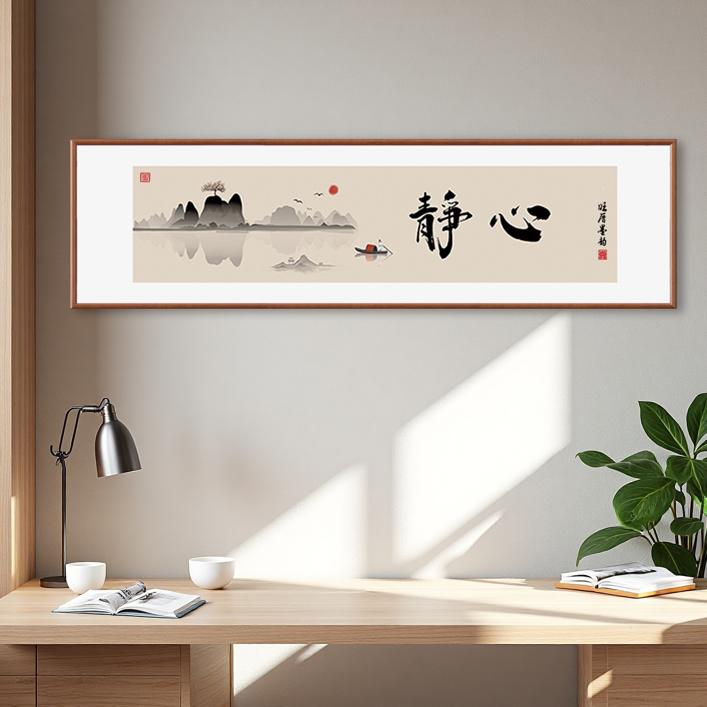 静心手写新中式办公室装饰挂画客厅沙发背景墙壁画书房山水字挂画
