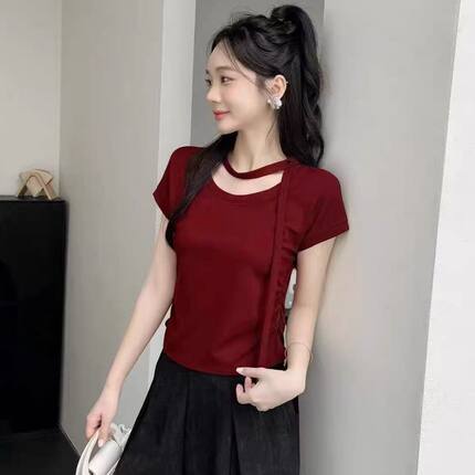 夏季飘带圆领T恤女侧边褶皱收腰设计感小众洋气显瘦短袖正肩上衣