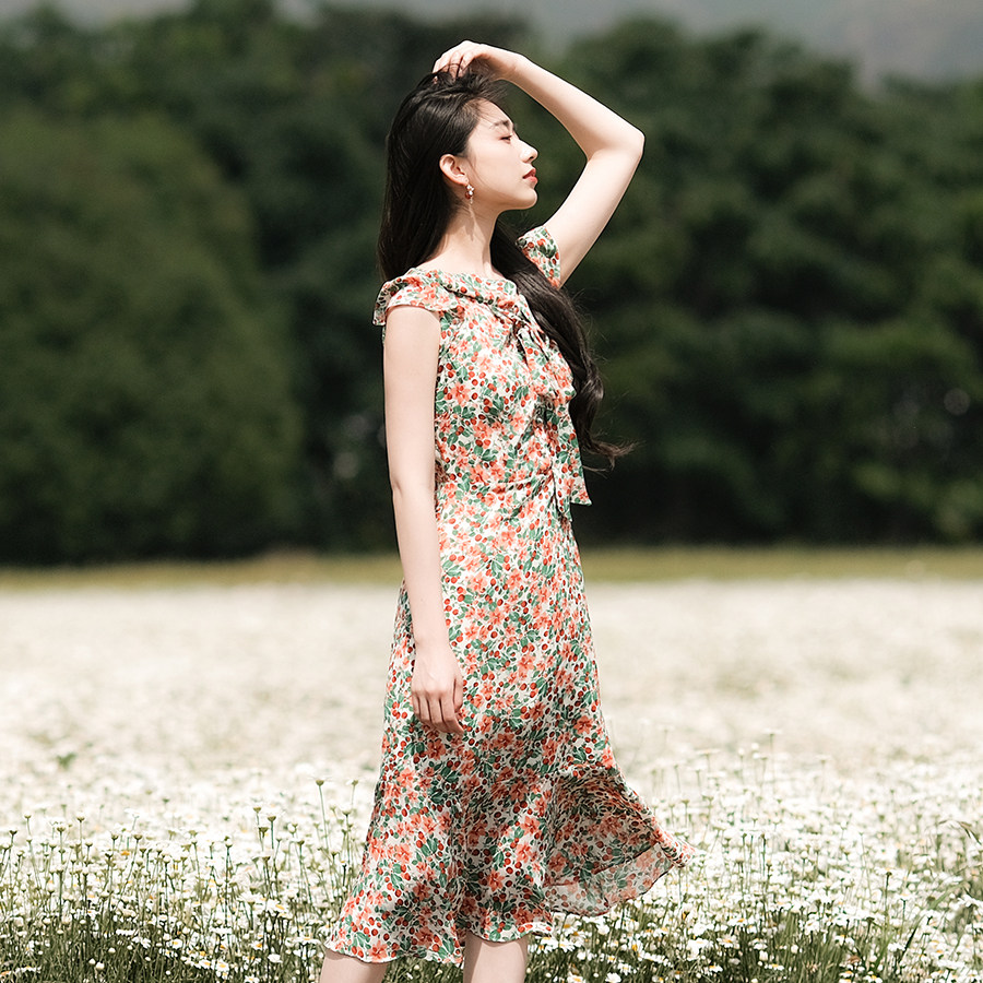 撒哈拉原创《emilie》不一样浓烈色彩美学法式设计油画连衣裙