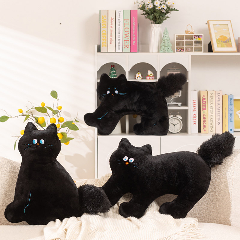卡通小黑猫公仔猫咪毛绒玩具抱枕
