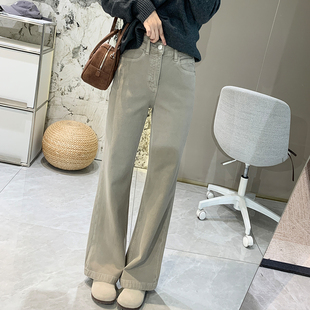 薄绒保暖四面弹直筒阔腿喇叭长裤 奶茶色高腰显瘦微喇牛仔裤 女春季