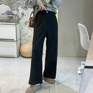 保暖半松紧腰羊毛混纺直筒阔腿裤 细闪烫钻毛呢加绒休闲裤 女秋冬季