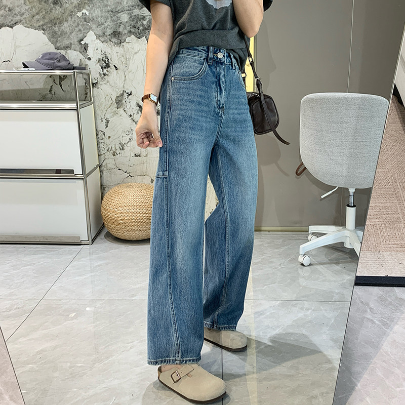 一键修腿遮胯显瘦拼接弯刀牛仔裤女春季高腰宽松小个子阔腿裤子
