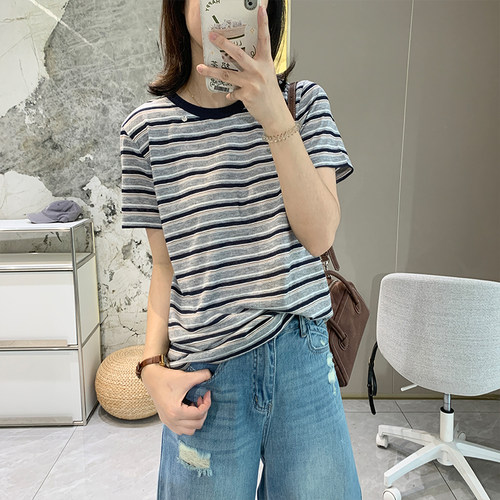 莱赛尔凉感透气条纹短袖T恤女