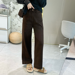 四面弹双侧线美拉德直筒牛仔裤 阔腿裤 女春季 窄版 薄绒新款 秋栗裤