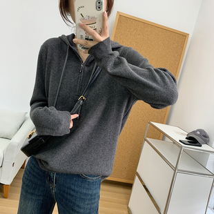 羊毛混纺纯色套头毛衣女2025春季 新款 宽松韩版 加厚连帽拉链针织衫