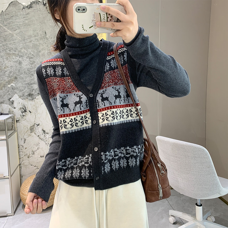 复古提花高领加厚两件套针织马甲