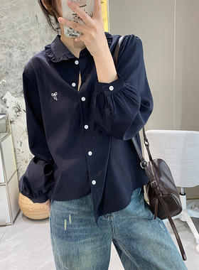 莱赛尔天丝刺绣衬衫女2026春季宽松显瘦衬衣蝴蝶翻领韩版长袖上衣