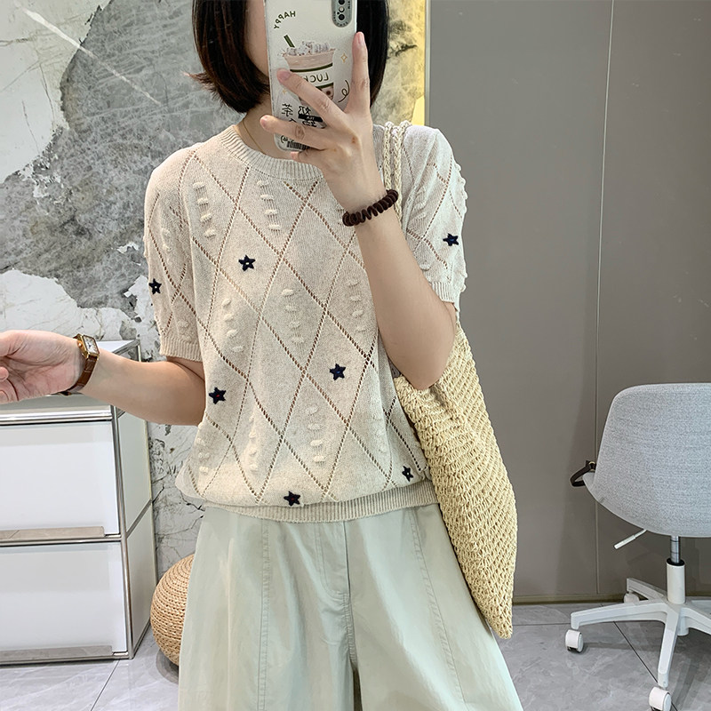 亚麻莱赛尔钩花针织T恤女夏季超薄镂空透气显瘦韩版短袖圆领上衣