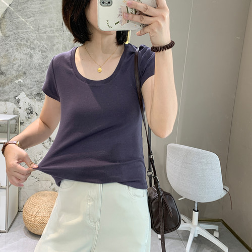 夏季凉感修身不紧绷U领短袖T恤