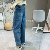 双版 女 秋冬加绒复古蓝显瘦直筒牛仔裤 本 立体口袋斜裁弯刀阔腿裤