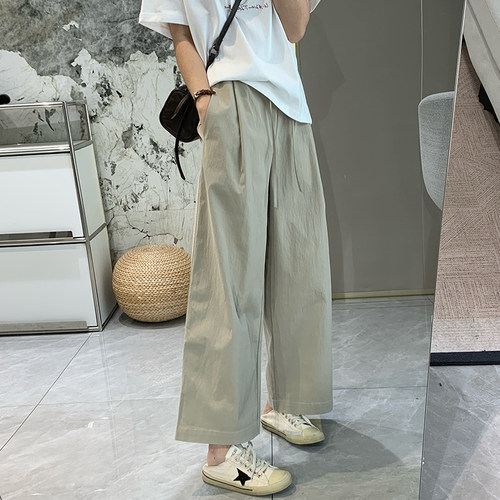 春夏捏褶松紧腰显瘦阔腿九分女裤