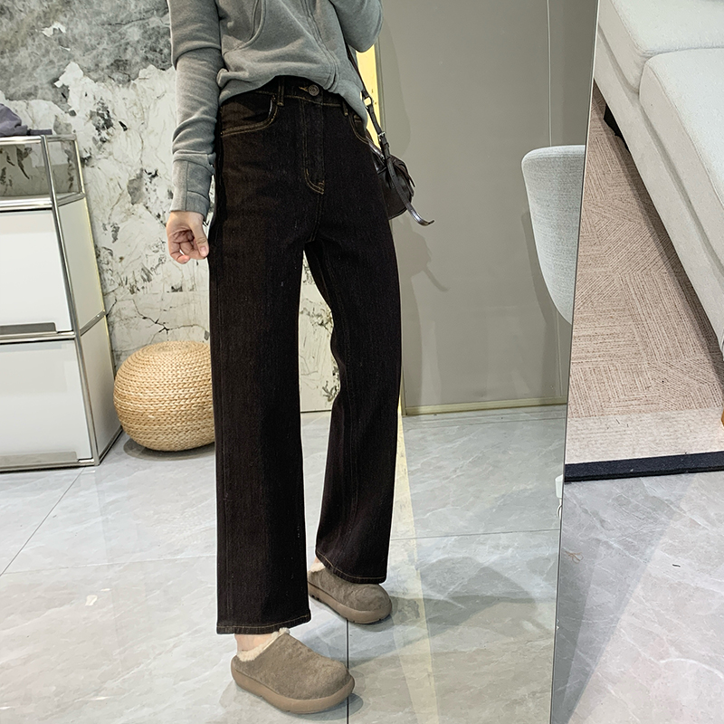 四面弹加绒法棍直筒裤女秋冬垂顺高腰显瘦保暖小个子烟管牛仔裤子