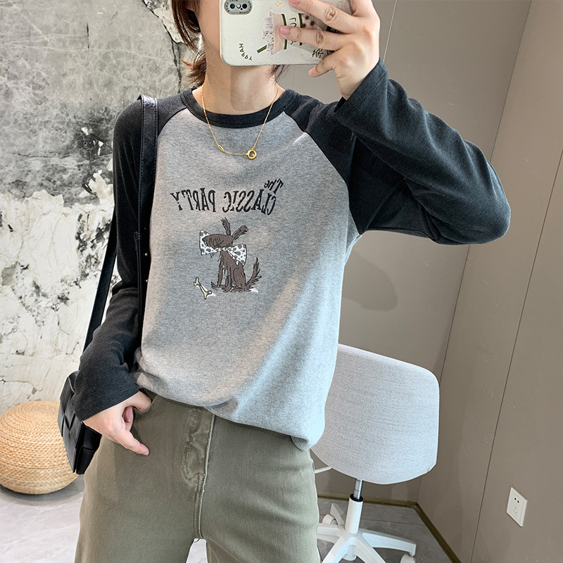 秋冬加厚面料拼色卡通长袖T恤女套头圆领撞色插肩袖宽松休闲上衣