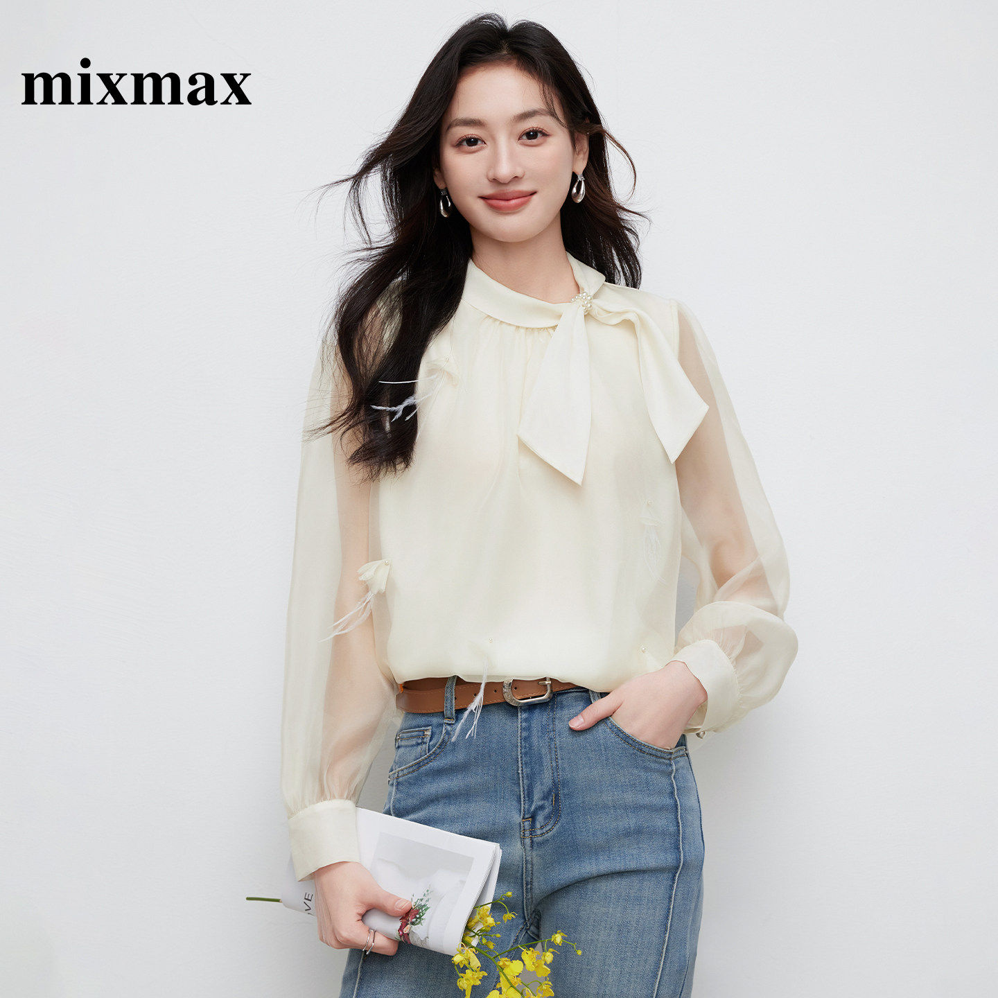 MIXMAX/美姿宝莲法式温柔风蝴蝶结飘带衬衫女长袖立领雪纺衫气质