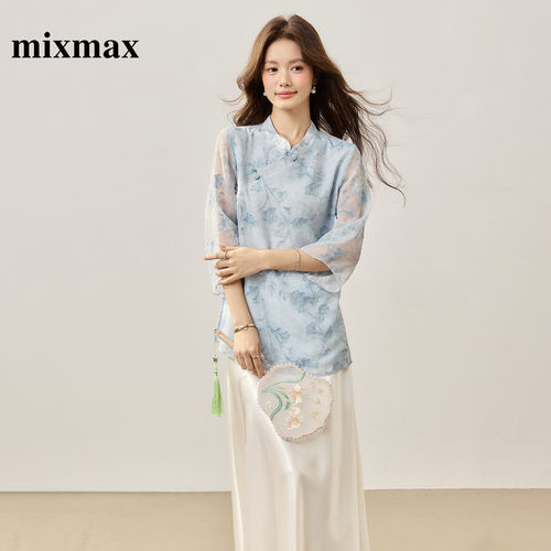 MIXMAX/美姿宝莲新中式立领七分袖印花衬衫女夏修身显瘦气质套装
