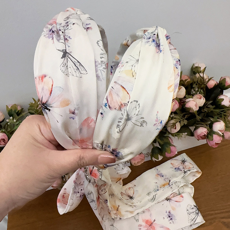 春夏绸缎印花宽边发箍编发飘带