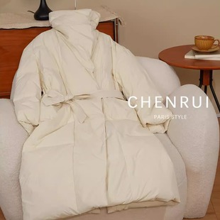 晨锐女装杏色90白鸭绒加长款羽绒服大翻领腰带外套2025秋冬新款