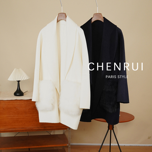 晨锐女装 4140双面呢全羊毛大衣可拆卸狐狸毛袋盖青果领暗扣外套