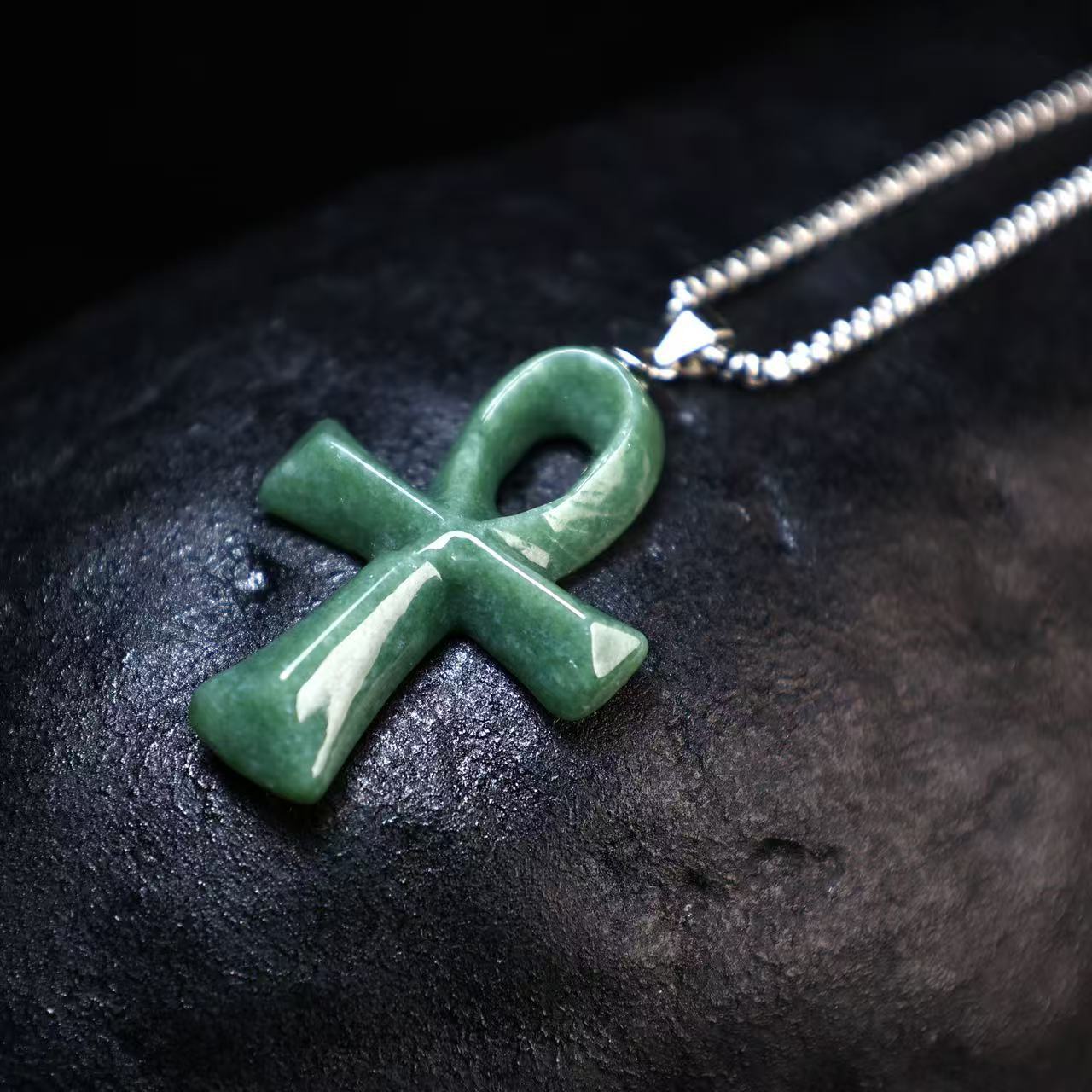 天然A货翡翠豆绿古埃及安卡十字架S925银游戏王死者苏生玉石吊坠