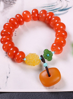 川料南红珠手链12mm单圈搭配老蜜蜡面包扣碧玉中国结手串男女