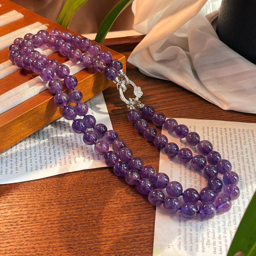 10mm大颗粒颗颗打结天然紫水晶水晶套链女可拆卸各种戴法